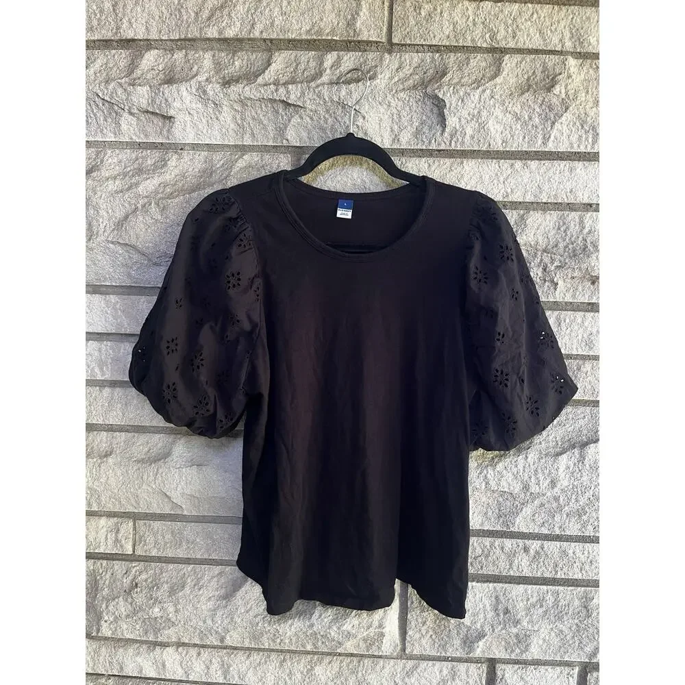 Old Navy Women’s L Black Scoop Neck Puff Sleeve Eyelet Knit Cotton Tee
